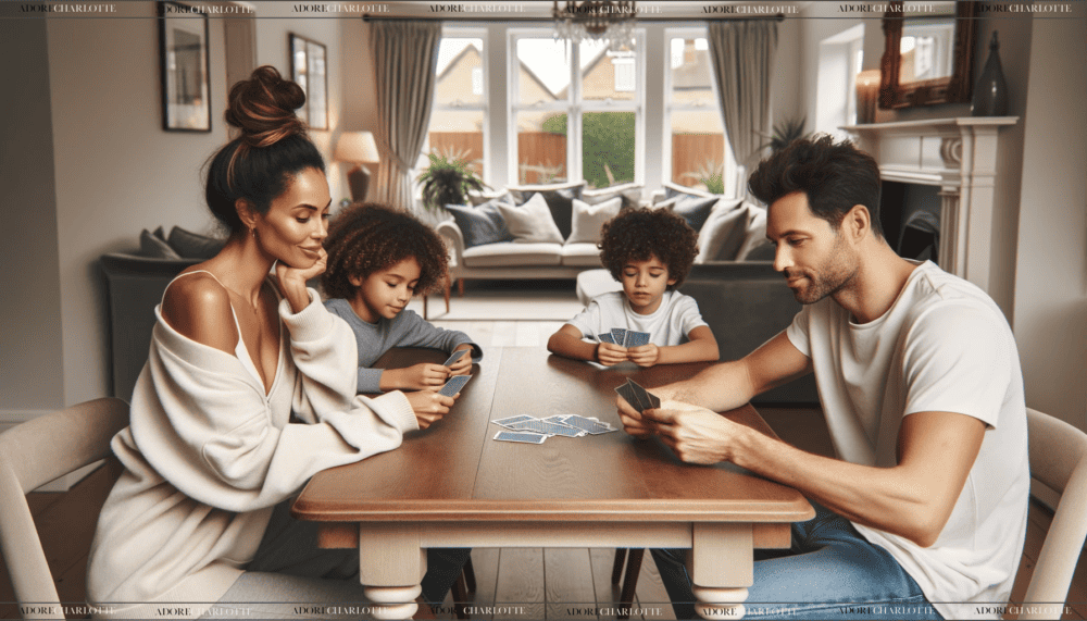 Mixed family sitting around the table playing chase the ace card game