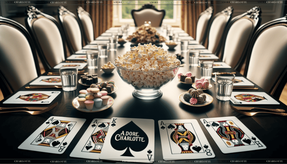 Cards on a luxury dining table, playing chase the ace card games with Adore Charlotte cards, with popcorn and sweet treats