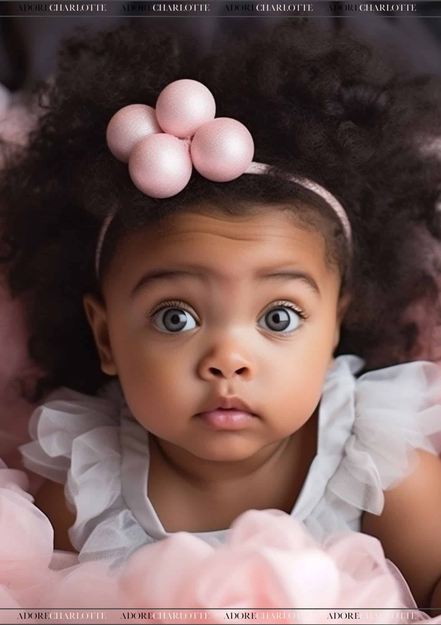Baby Girl Middle Names - Image of a little AI Girl, Adorable Black girl, Grey eyes, perfect hair, pink hair bobble, pretty dress