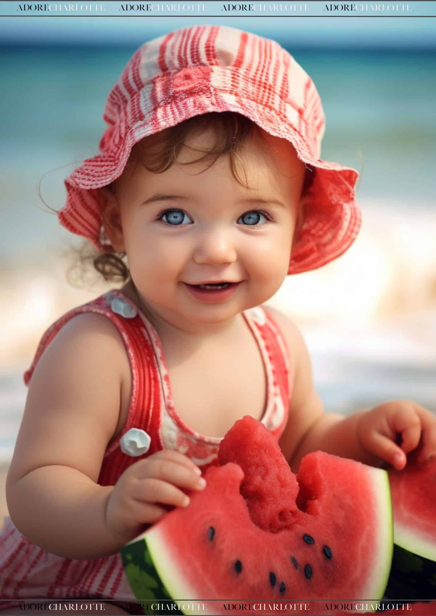 Baby Girl Middle Names - Image of a little AI Girl, Blue eyes at the beach, eating a watermelon