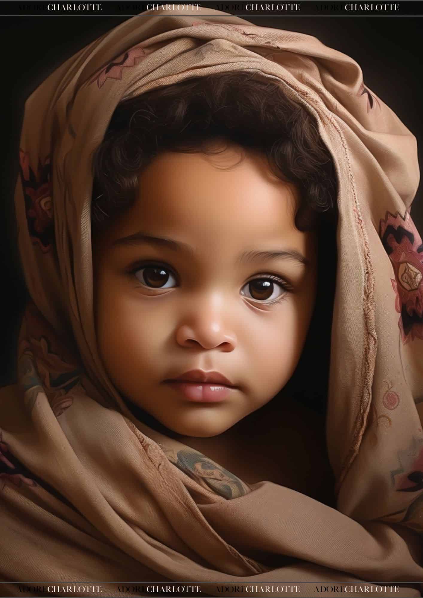 Baby Girl Middle Names - Image of a little AI Girl, Adorable Middle Eastern Black Race, Brown eyes, Head Scarf
