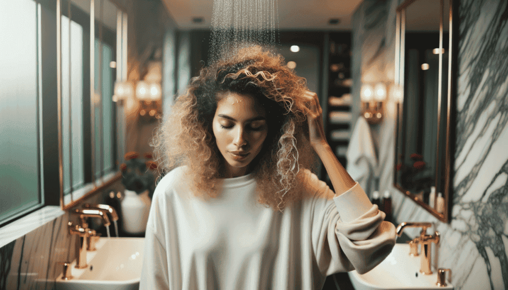 Postpartum hair loss - mum washing hair and sad