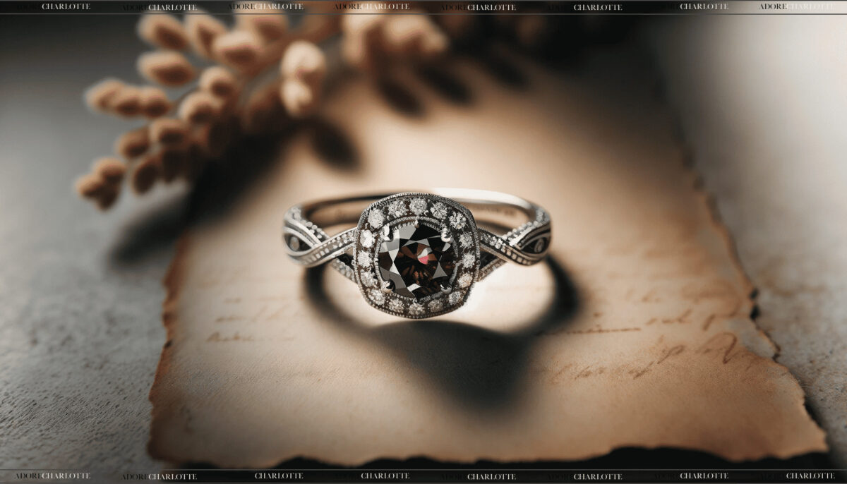 Artistic depiction of a Pave Diamond Criss-Cross and Garnet Halo Ring. The ring features a detailed pave setting with a multitude of sparkling diamonds and a striking garnet halo. The band has an elegant criss-cross design, adding to the ring's vintage charm. Set against a simple, elegant backdrop that highlights the ring's intricate details and rich color contrast.