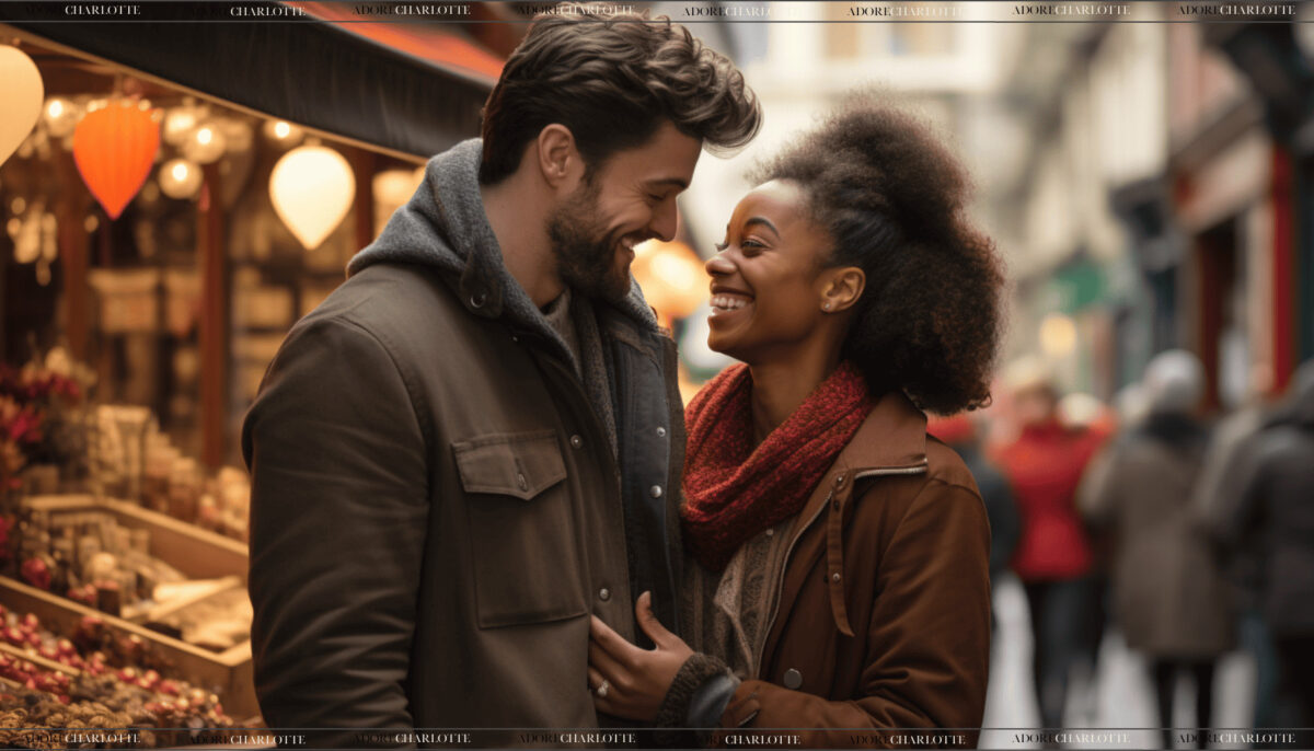 Smiling biracial couple in a cozy embrace on a bustling city street, with the white male gazing affectionately at his light-skinned black partner who is looking back with a radiant smile. Both are stylishly dressed for chilly weather, suggesting a warm moment on a cool day. The blurred background with shoppers and colorful city lights creates an intimate and joyful atmosphere.Smiling biracial couple in a cozy embrace on a bustling city street, with the white male gazing affectionately at his light-skinned black partner who is looking back with a radiant smile. Both are stylishly dressed for chilly weather, suggesting a warm moment on a cool day. The blurred background with shoppers and colorful city lights creates an intimate and joyful atmosphere.