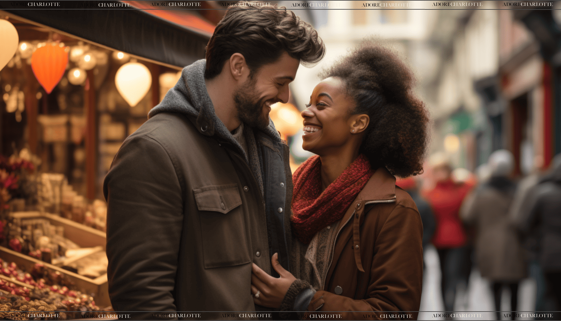Smiling biracial couple in a cozy embrace on a bustling city street, with the white male gazing affectionately at his light-skinned black partner who is looking back with a radiant smile. Both are stylishly dressed for chilly weather, suggesting a warm moment on a cool day. The blurred background with shoppers and colorful city lights creates an intimate and joyful atmosphere.Smiling biracial couple in a cozy embrace on a bustling city street, with the white male gazing affectionately at his light-skinned black partner who is looking back with a radiant smile. Both are stylishly dressed for chilly weather, suggesting a warm moment on a cool day. The blurred background with shoppers and colorful city lights creates an intimate and joyful atmosphere.