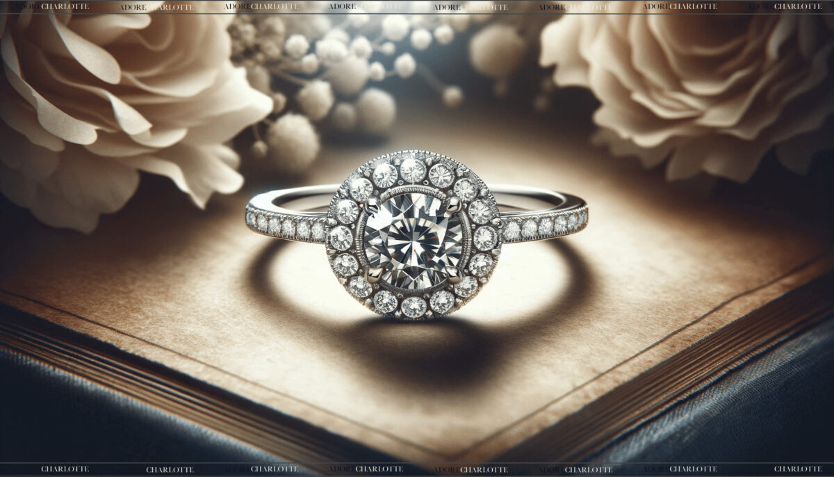 Detailed artistic image of a Halo Style 1/2 Carat Diamond Engagement Ring. The ring features a central diamond encircled by a halo of smaller diamonds, set in a vintage-inspired design. The ring is presented against a textured background, enhancing its vintage charm and modern elegance. The image captures the intricate beauty and timeless appeal of vintage engagement rings.