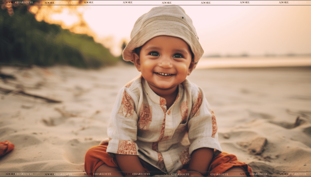 A happy baby boy, smiling, at the beach in the evening sunset, wearing beautiful Bangladeshi clothes - Adore Charlotte Middle Names for Jack