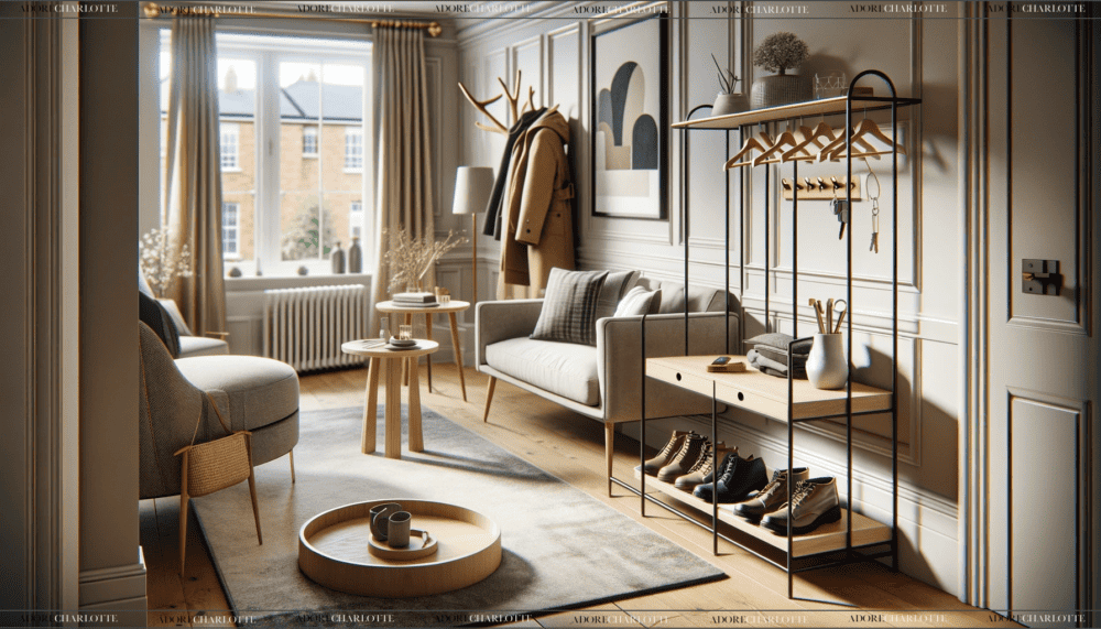 An elegant living area with practical amenities including a stylish shoe-holder near the entrance, a coat rack, and side tables for convenience. The room is adorned with comfortable seating, a footrest, and a rug that ties the space together, emphasiSing a blend of style and functionality.