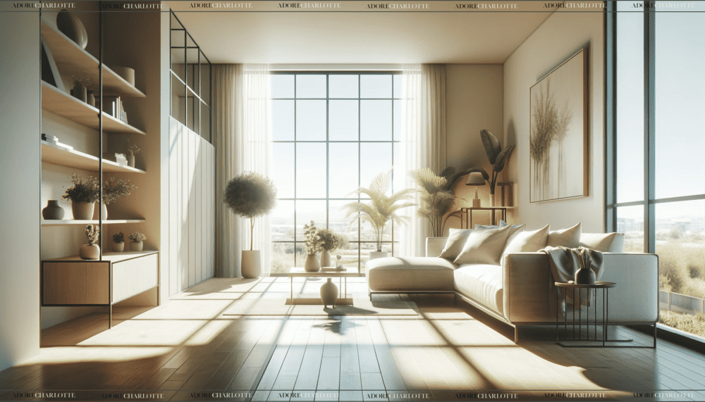 A modern and airy living room featuring a comfortable sofa, indoor plants, and large windows that let in natural light and a gentle breeze, creating a warm and welcoming ambiance.