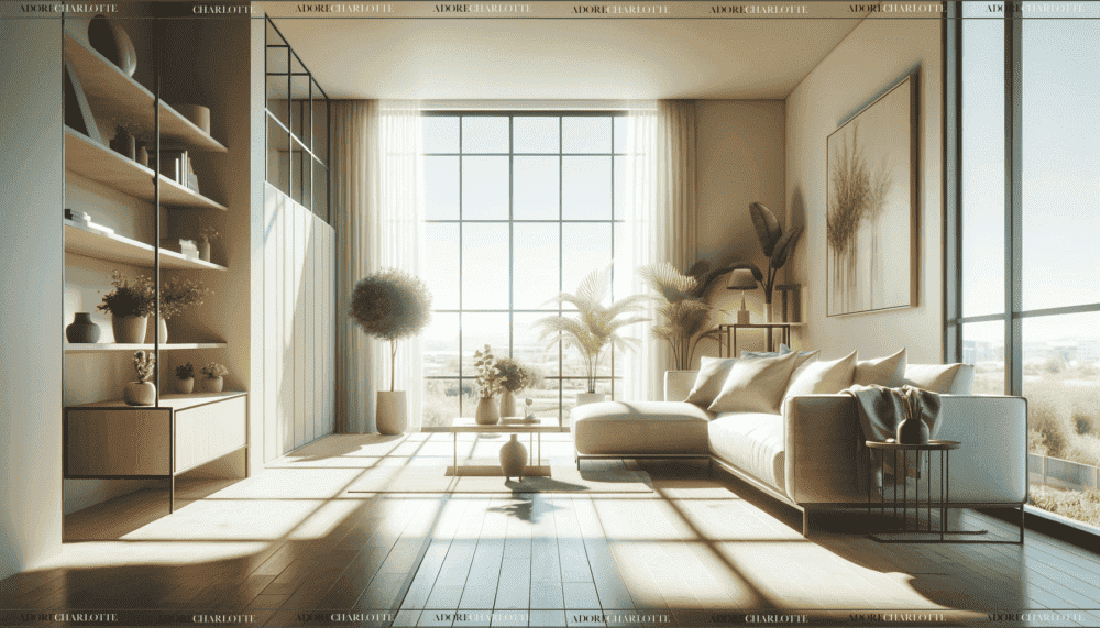 A modern and airy living room featuring a comfortable sofa, indoor plants, and large windows that let in natural light and a gentle breeze, creating a warm and welcoming ambiance.