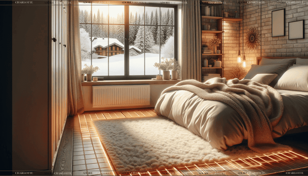 A cosy and well-organiSed bedroom with underfloor heating, showcasing a soft rug, a bed with warm blankets, and a window displaying a snowy landscape outside, contrasting with the room's warm interior.