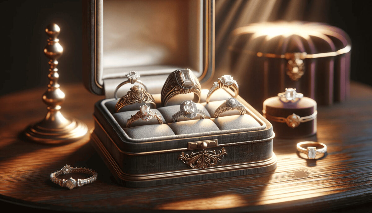 Elegant display of various vintage engagement rings in a jewelry store. The image showcases an array of rings with intricate designs, set on velvet stands and antique boxes, highlighting their craftsmanship and timeless beauty. The soft lighting in the store casts a warm glow, making the jewelry sparkle and inviting viewers to admire the collection.