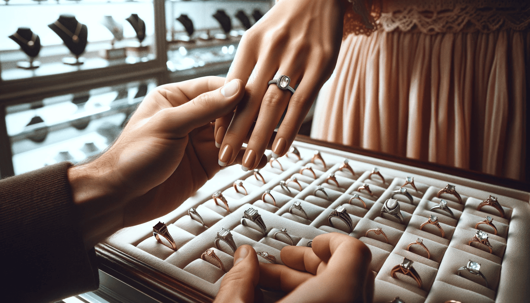 A man's right hand gently placing an engagement ring on the fourth finger of a black or brown-skinned woman's left hand. The couple is in a cozy jewelry store, surrounded by a selection of vintage engagement rings. This heartfelt moment captures the romance and significance of choosing the perfect ring, symbolizing their love and commitment.