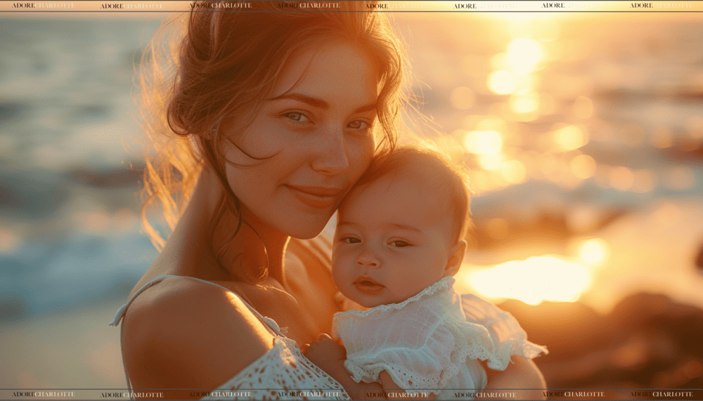 Beautiful Mother and Newborn Baby on a Tropical Sunset Beach