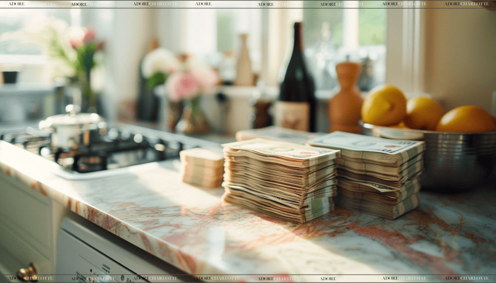 Budget For Part-Time Work Cash on a beautiful pink marble kitchen countertop