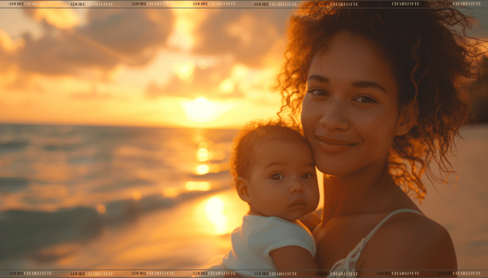 Mother and Newborn Baby beautiful beach sunset