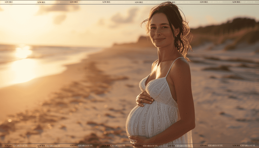 Stunning Pregnant Mother sunset beach 