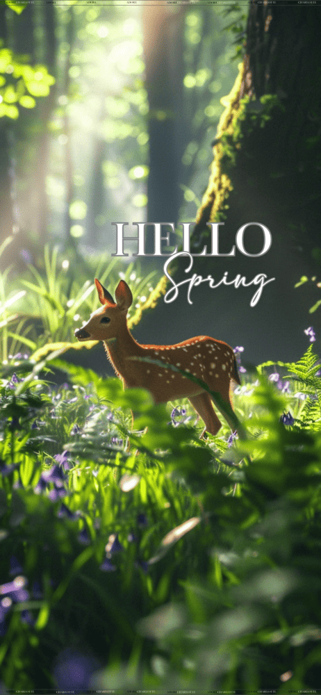 An Iphone Mockup with Awakening of the Forest & Small Deers Theme iphone wallpapers Hello Spring.