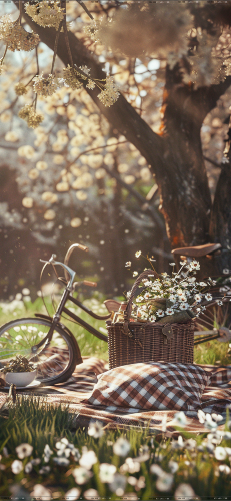 An iPhone Mockup with Vintage Spring Picnic Theme iPhone wallpapers Bike in spring.