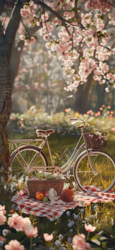 An iPhone Mockup with Vintage Spring Picnic Theme iPhone wallpapers Bike and fruit.