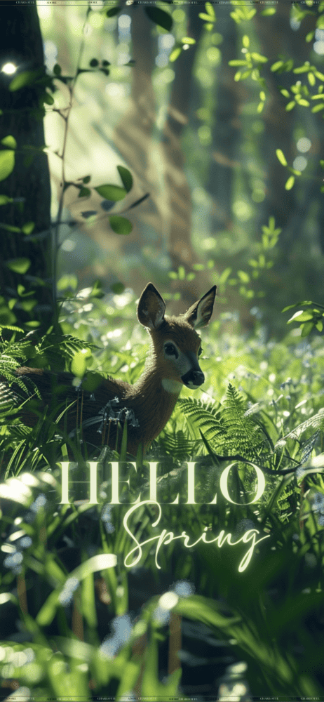 An Iphone Mockup with Awakening of the Forest & Small Deers Theme iphone wallpapers Hello Spring bright.