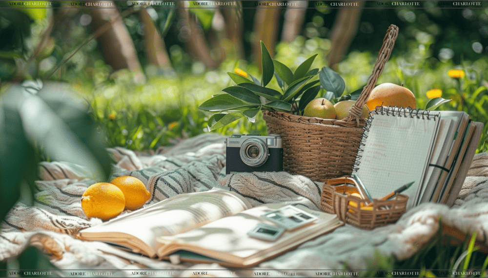 An outdoor picnic picnic blanket with citrus fruit a Polaroid camera a planner and notebooks