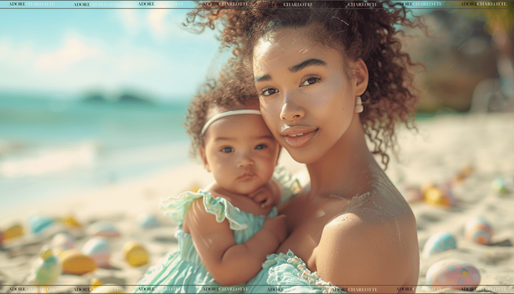 Happy Easter Mom Quotes, beautiful mixed race mother and baby on a easter egg and yellow baby chick sunny beach