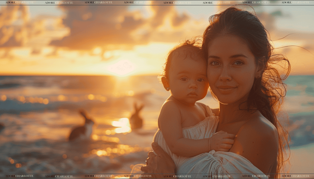 Happy Easter Mom Quotes, mother and baby on a bunny beach at sunset