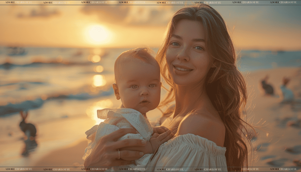 mother and baby with blonde hair on a bunny beach at sunset