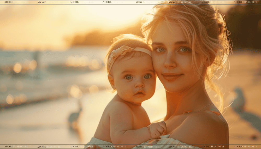 Happy Easter Mom Quotes, mother and baby with blue eyes on a bunny beach at sunset