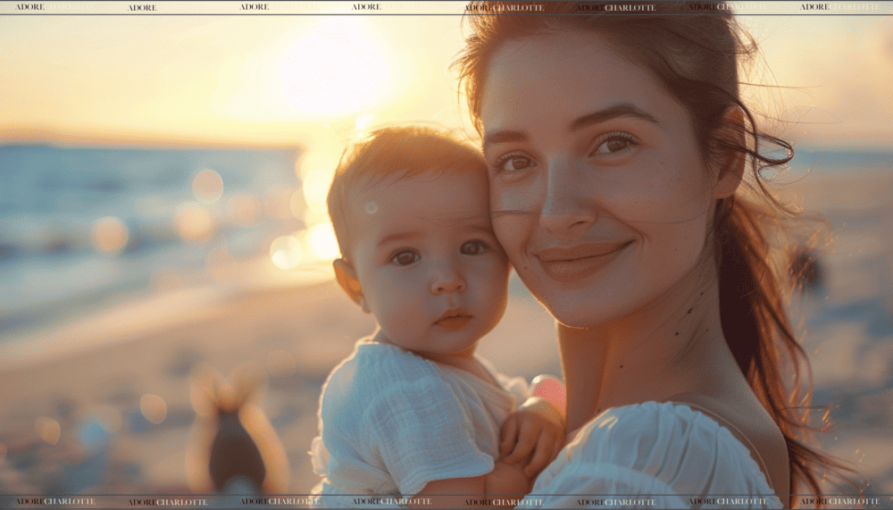 mother and baby with brown eyes on a bunny beach at sunset