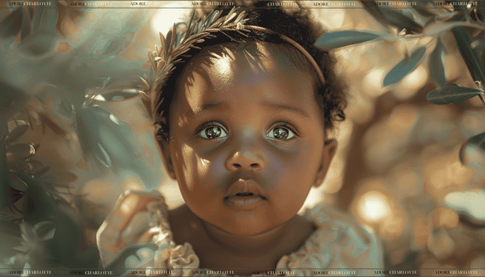 Middle Names for Amelia beautiful black baby girl in an Olive bush with Olive vine hairband