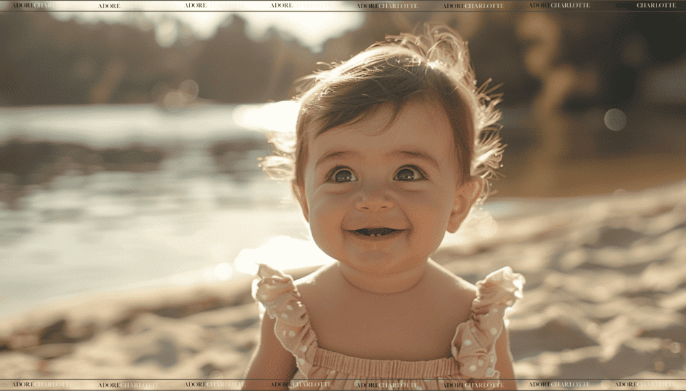 Middle Names for Amelia beautiful girl in a frilly pink summer dress near a beach lake with short brown hair and brown eyes