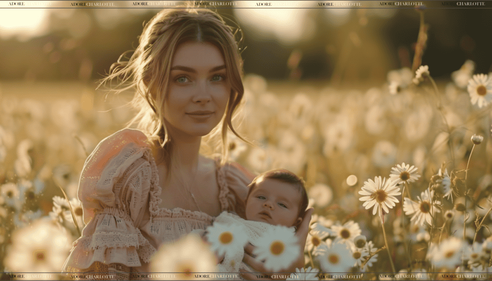 Amelia beautiful mother and newborn sitting in a field of flowers