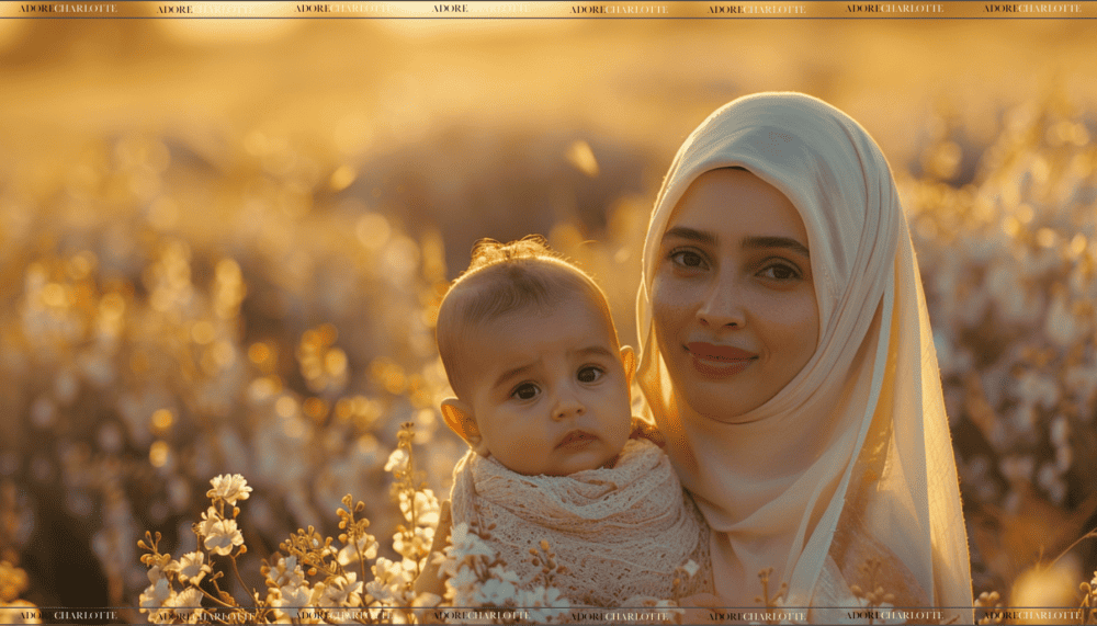 Muhammad beautiful Arab mother and baby in a field of flowers