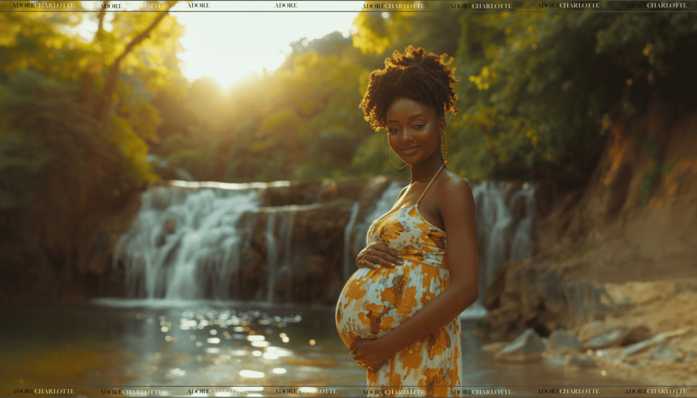 Stunning Pregnant woman by a waterfall wearing a beautiful summer dress.