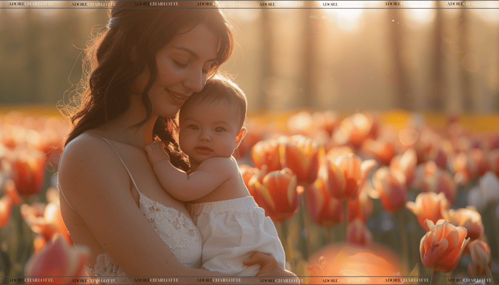 Mother Embracing Newborn baby in field of Tulips