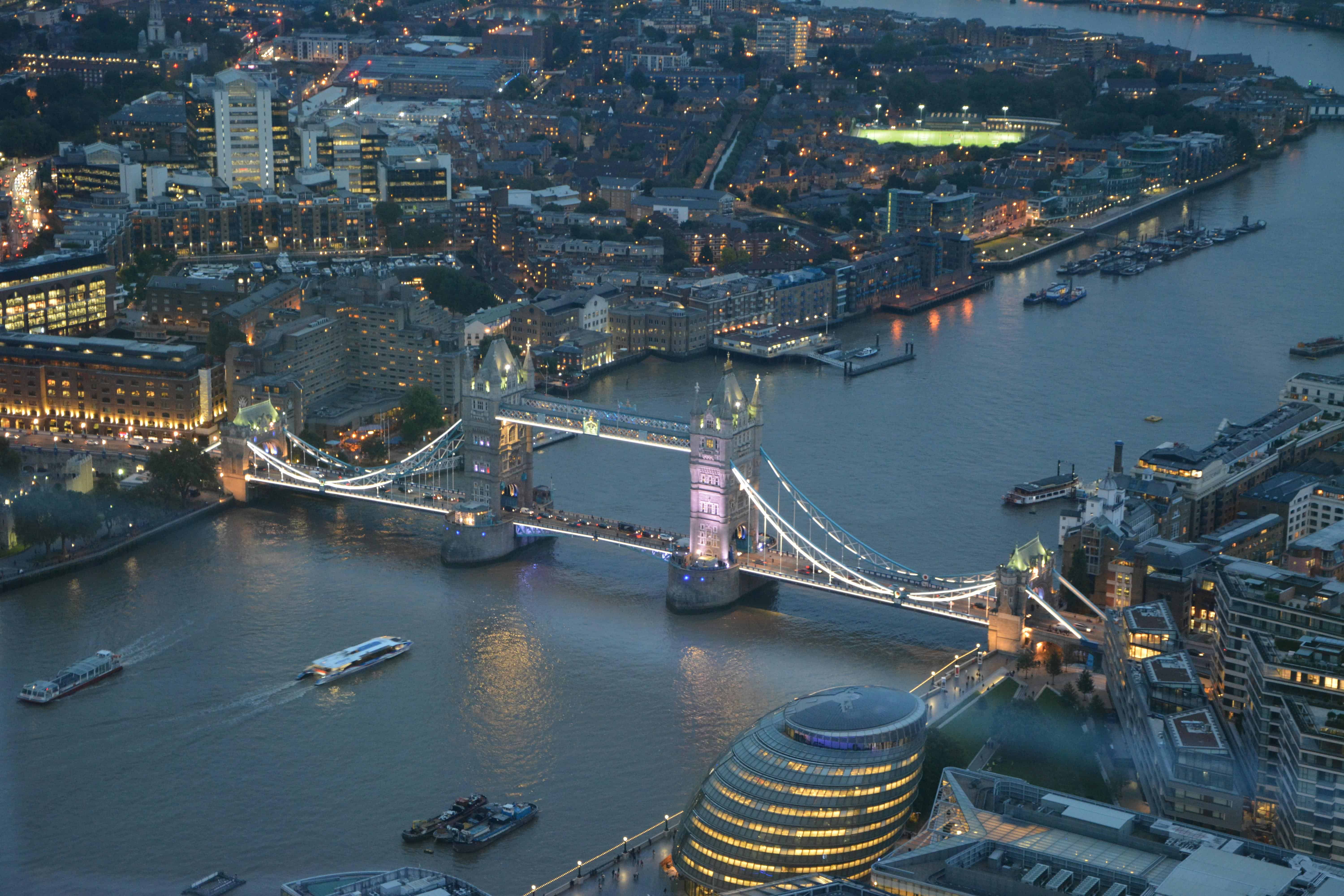 Birds eye view over head image of London Tower Bridge. Best view for best places to live in London in your 20s.
