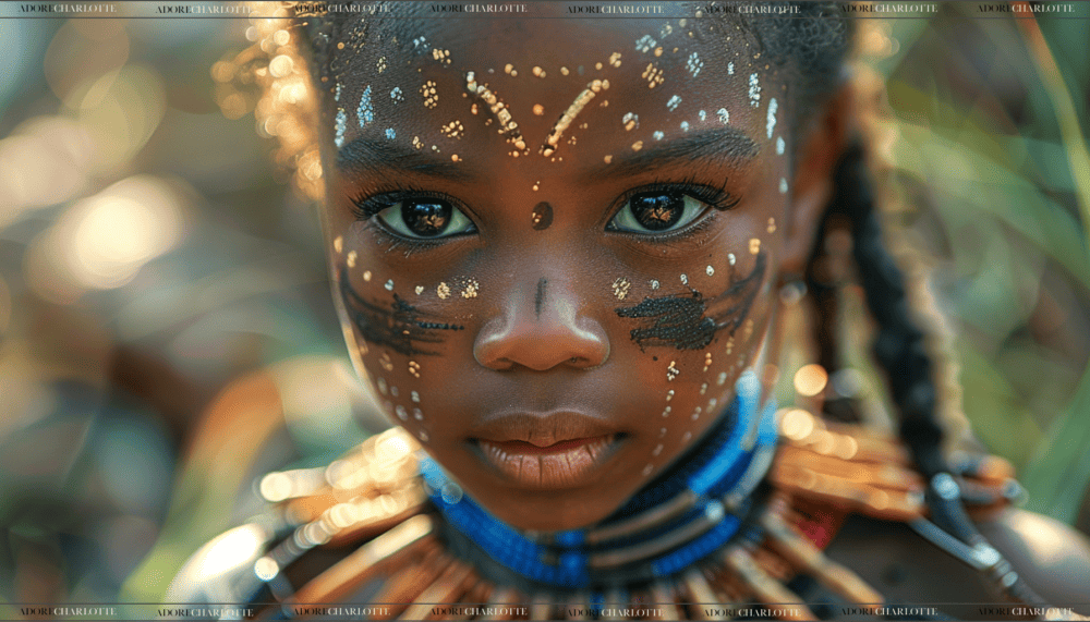 Warrior Girl Names Black Girl with warrior war paint on her face wearing warrior clothes.