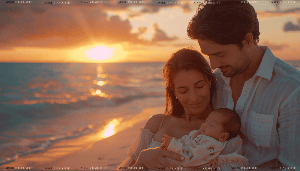 Baby Naming ceremony white mother and white father holding their newborn baby at sunset