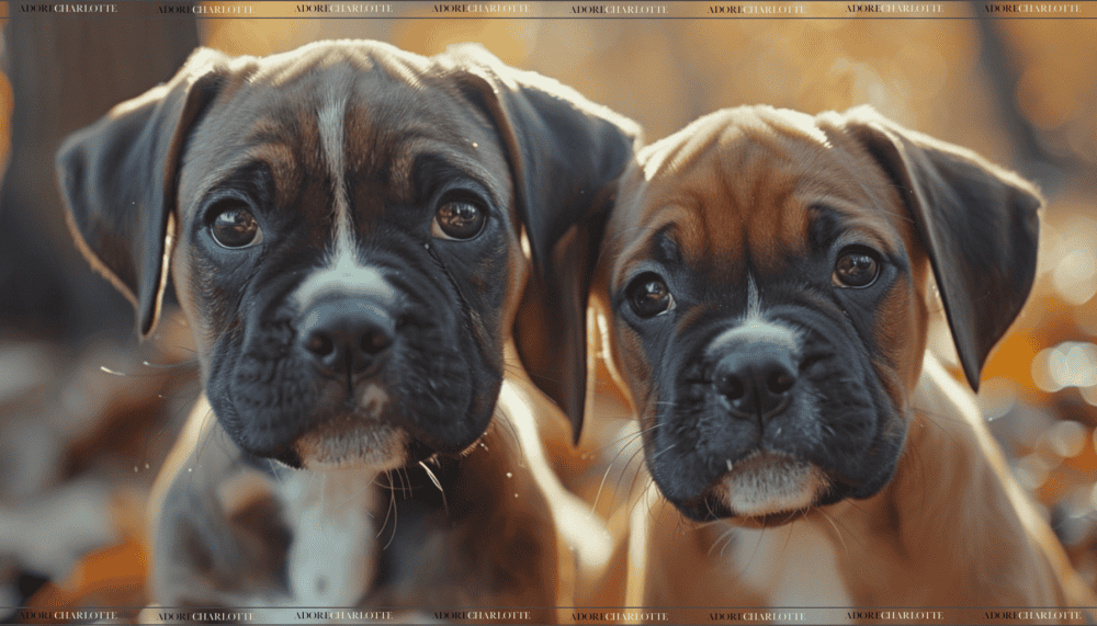 Two cute adorable Boxer puppies in the outdoors 