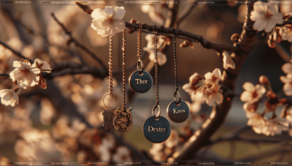 Best Boy Dog Names Ideas Guide Dog Tags hanging from a blossom tree in spring