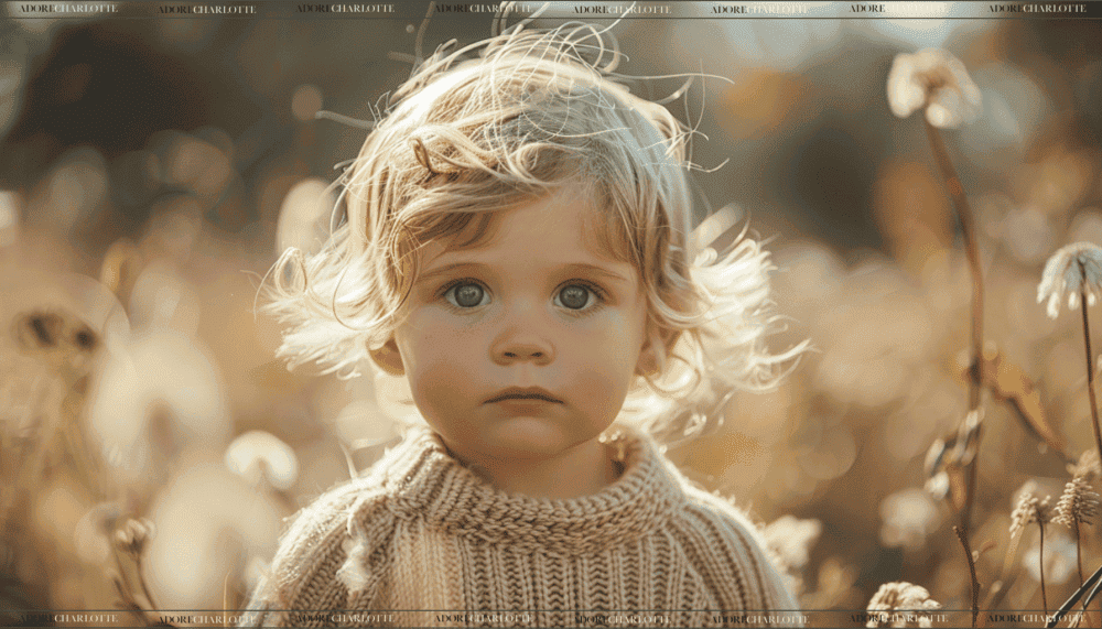 Adorable DRUID Toddler boy in a field of flowers with blonde hair and blue eyes