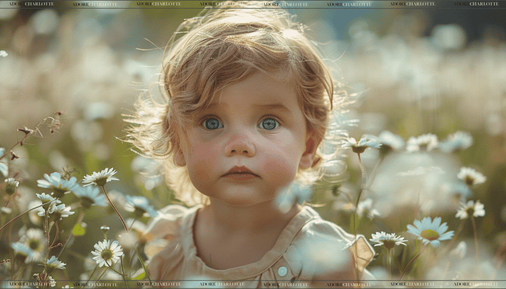 Adorable Druid toddler girl with blue eyes in a field of flowers