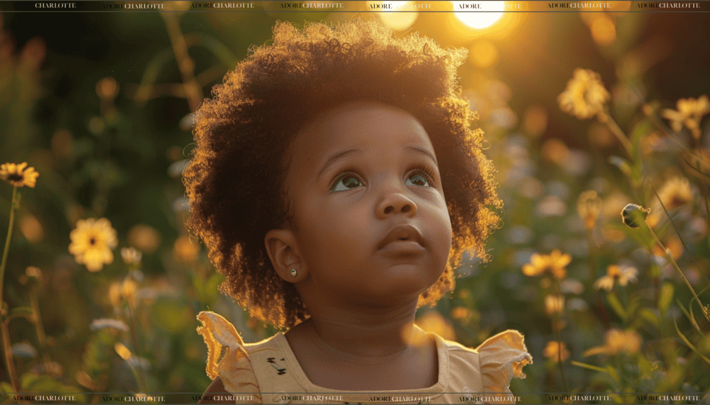 beautiful druid black toddler girl in a field of flowers