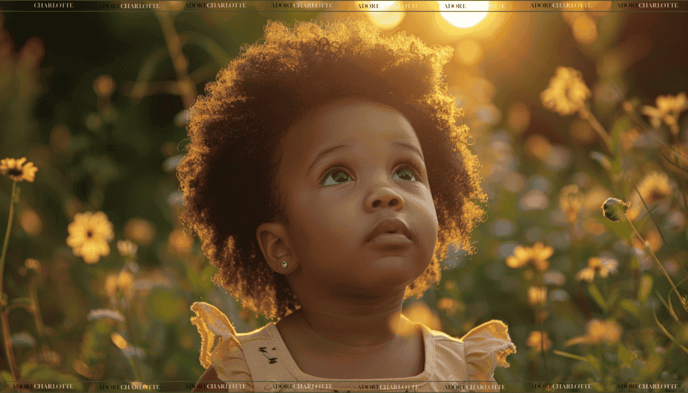 beautiful druid black toddler girl in a field of flowers