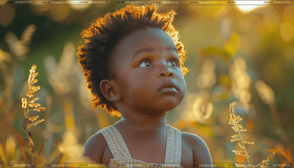 Druid Names black toddler boy outside in a field at sunset