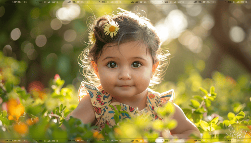 cute druid Indian toddler baby girl laying in a field
