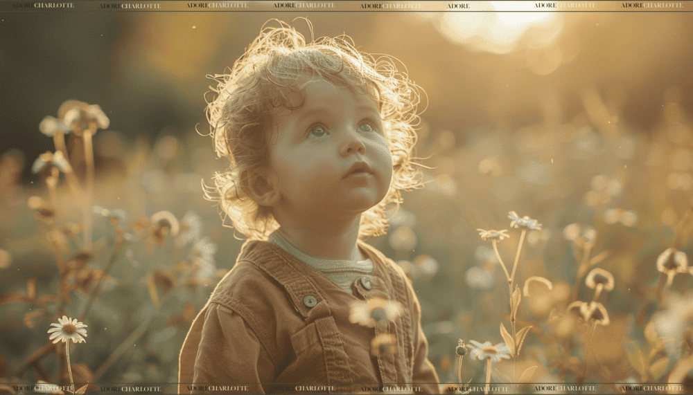 Cute white toddler boy at sunset in a field of flowers.