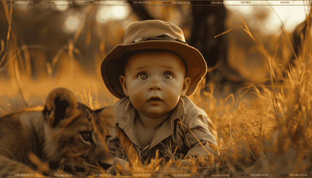 Middle Names for James adorable baby on a African safari laying next to a lion cub